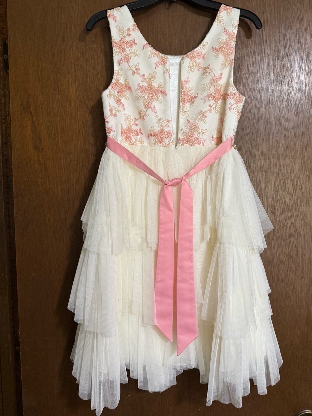 American Princess Cream and Pink Floral Tiered Tulle Party Dress